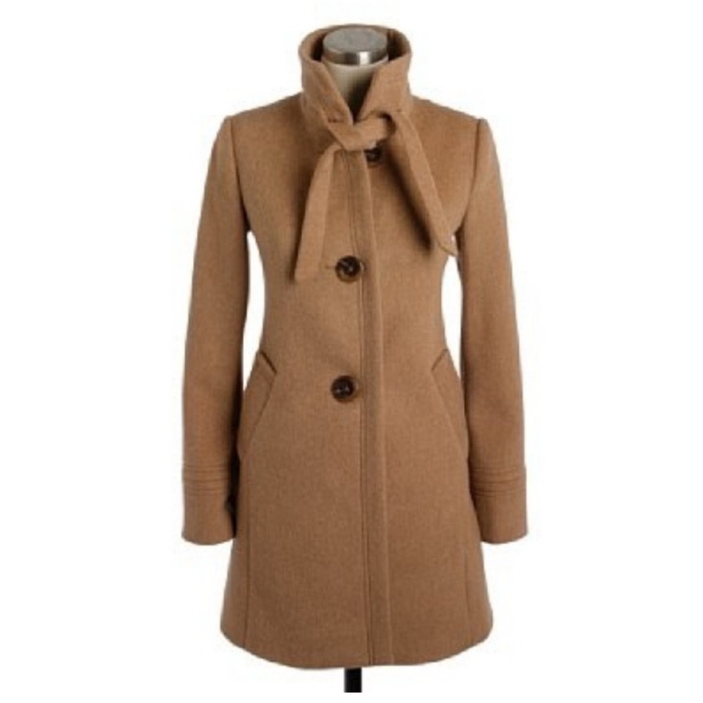 J.Crew Wool Cashmere Carrie Camel Flared Tie Neck Button Front Car Coat
12